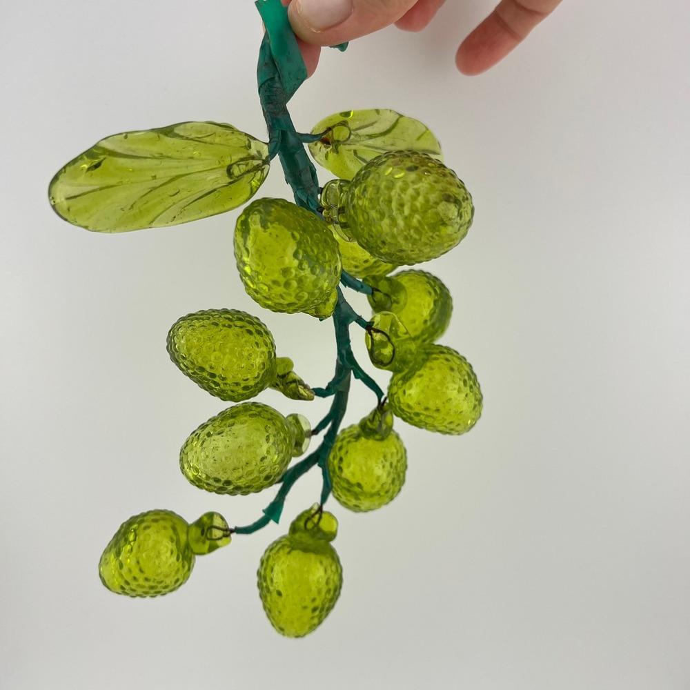 Vintage Green Glass Hobnail Grapes Cluster Hand Blown Fruit Decor Leaves 8"